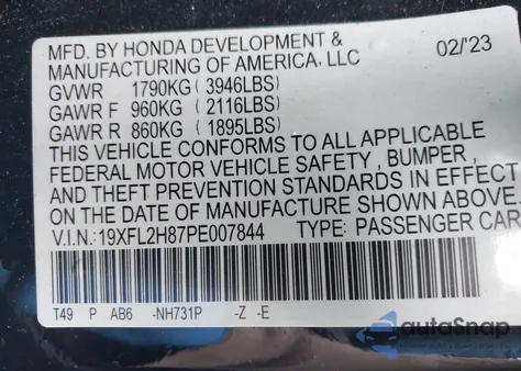 2023 Honda Civic Sport z USA, uszkodzony, nr VIN 19XFL2H87PE007844